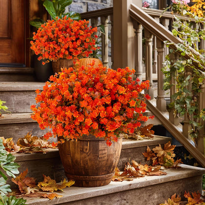 Artificial Fall Flowers Outdoor Fake Mums - 12 Bundles Fake Plants UV Resistant No Fade Faux Plastic Greenery Garden Porch Patio Fall Home Decor(OrangeGreen)