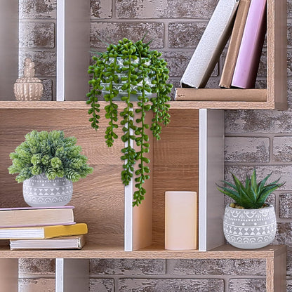 Winlyn 3 Pcs Assorted Small Potted Succulent Plants Artificial Aloe Hops String of Pearls Succulents in Gray Geometric Concrete Pots for Gifts Table Shelf Windowsill Indoor Outdoor Greenery Decor