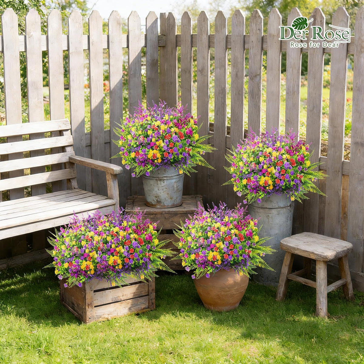 Der Rose 24 Bundles Artificial Flowers Bulk for Outdoors UV Resistant Fake Flowers Spring for Garden Patio Porch Farmhouse Home Window Box Decor（Colourful）