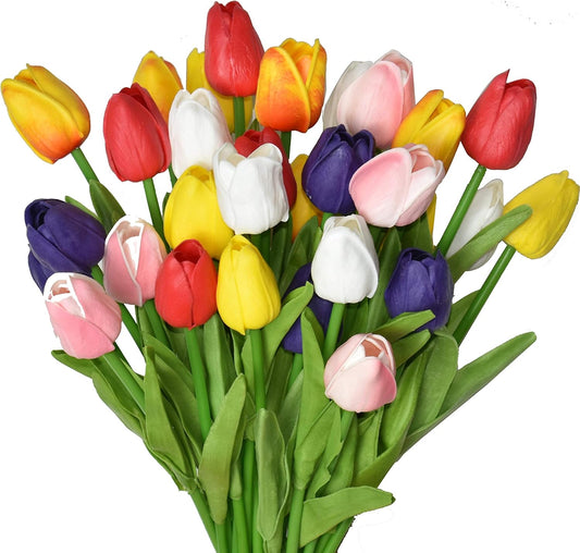 24 Pcs Multicolor Artificial Tulips Flowers Fake Faux PU Tulip Bouquet Real Touch Flower Arrangement for Home Room Office Party Wedding Decoration Excellent Gift Idea for Mothers Day
