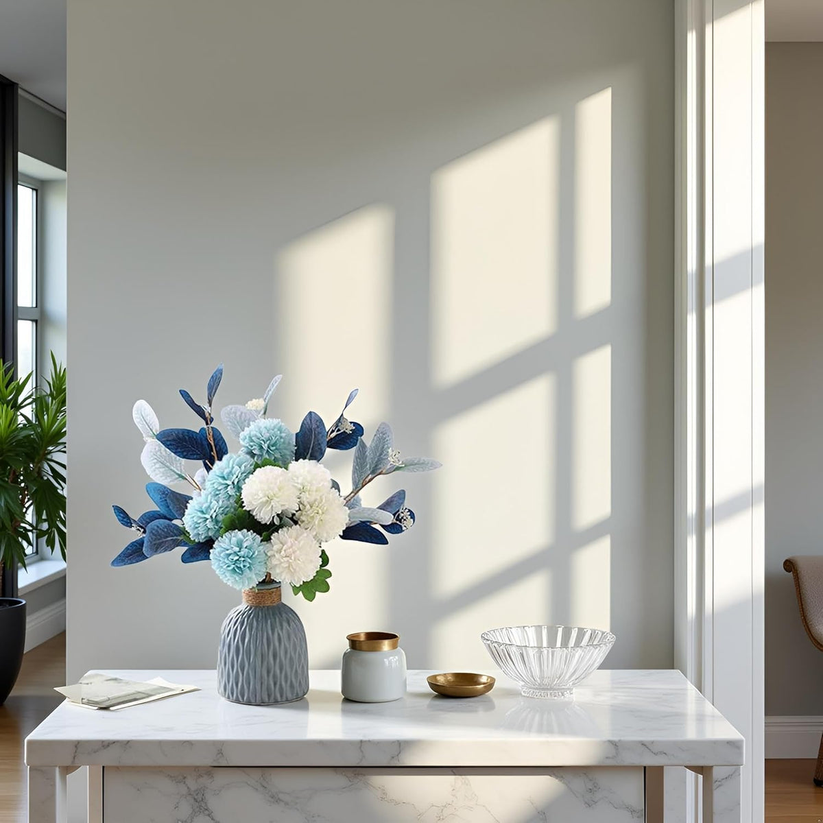 LADADA Blue Artificial Flower Bouquet in Ceramic Vase, White and Blue Ball Chrysanthemum with Eucalyptus, Minimalist Desk Decor for Office Home Centerpiece