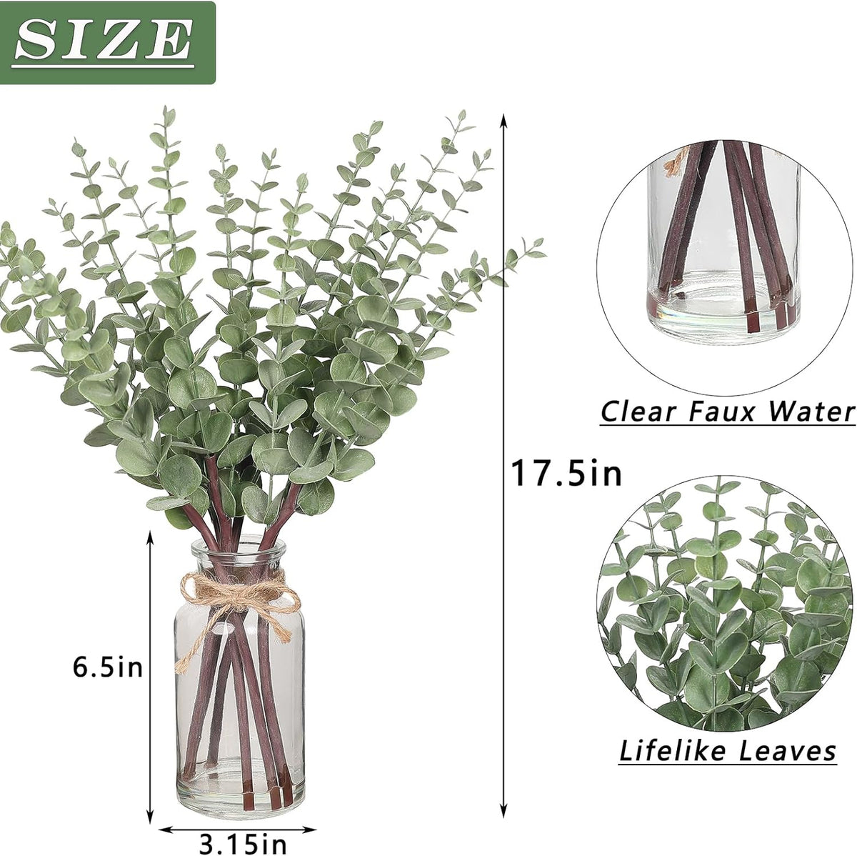 VIERENA 17.5" Artificial Eucalyptus Stems in Glass Vase with Faux Water, Fake Plant Eucalyptus Leaves White Seeds for Centerpiece Table Decorations Farmhouse Wedding Home Greenery Decor (Sage Green)