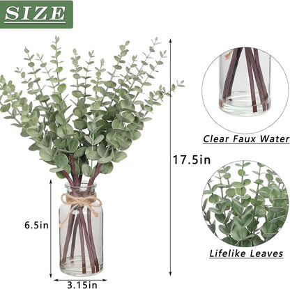 VIERENA 17.5" Artificial Eucalyptus Stems in Glass Vase with Faux Water, Fake Plant Eucalyptus Leaves White Seeds for Centerpiece Table Decorations Farmhouse Wedding Home Greenery Decor (Sage Green)
