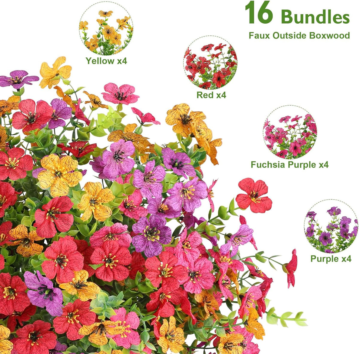 Artificial Flowers for Outdoors Spring Decor, 16 Bundles UV Resistant Realistic Fuax Silk Flowers, Fake Plants for Planter Indoor and Outdoor Garden Porch Patio Window Box Yard Farmhouse