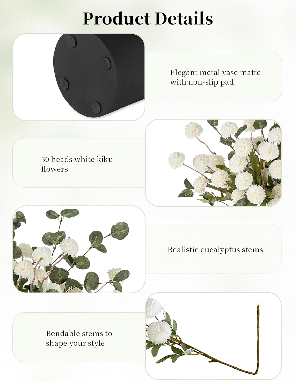 BLOSMON Fake Flowers in Vase for Centerpieces: Metal Vase with 12 Stems of Artificial Mums Kiku Flowers Eucalyptuses Home Table Decor - White Faux Pom Poms Floral Arrangements for Living Room