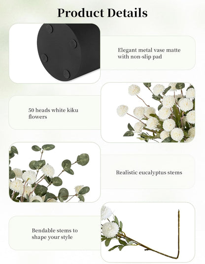 BLOSMON Fake Flowers in Vase for Centerpieces: Metal Vase with 12 Stems of Artificial Mums Kiku Flowers Eucalyptuses Home Table Decor - White Faux Pom Poms Floral Arrangements for Living Room