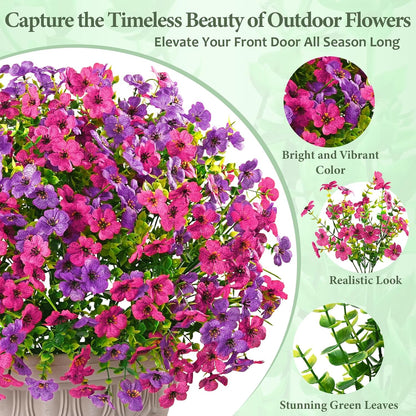 Yastouay 12 Bundles Artificial Flowers for Outdoors, UV Resistant Artificial Outdoor Flowers No Fade Fake Outdoor Flowers Plants for Garden Porch Window Box Pot Planters Decor (Fuchsia+Rose Red)