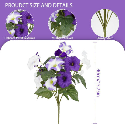 Artificial Flowers for Outdoors, Faux Petunias Spring Summer Decoration, Fake Flowers Plants UV Resistant Look Real Silk Flowers for Outside Planter Front Door Porch Patio Yard (6, Purple-White)
