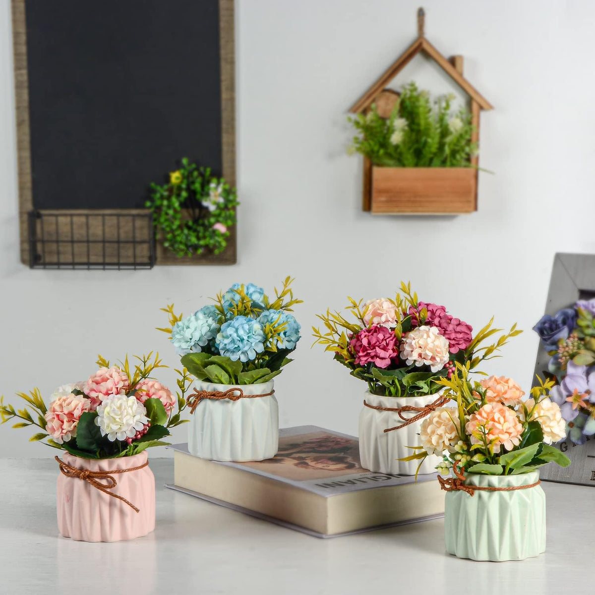 Artificial Flower Plants – Mini Fake Hydrangea Flowers in Pot for Home Decor Party Wedding Office Patio Table Desk Decoration, Set of 4, Size: 3.3"(Diameter) x 5.5"(Tall)