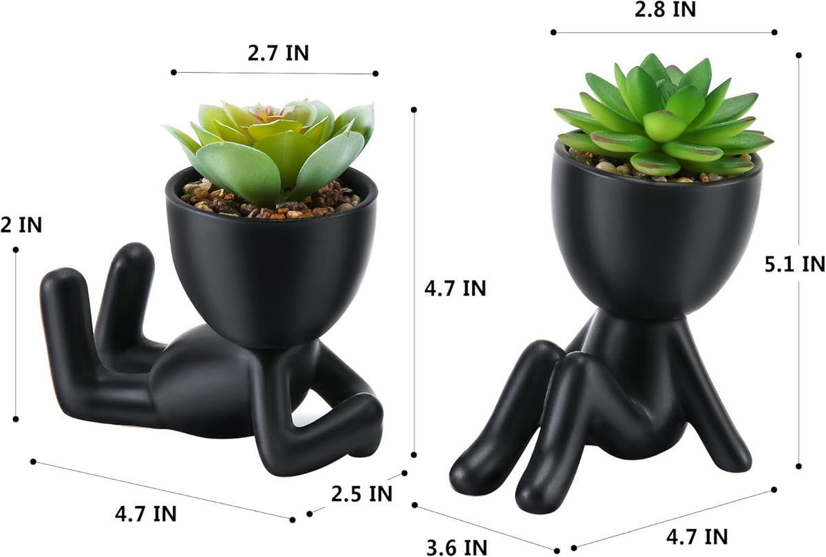 Fake Succulent, Mini Succulents Plants Artificial in Black Modern Human Shaped Ceramic Pots Desk Decor Desk Plant for Office Decor for Women, Cute Fake Plants Bathroom Decor 2PCS