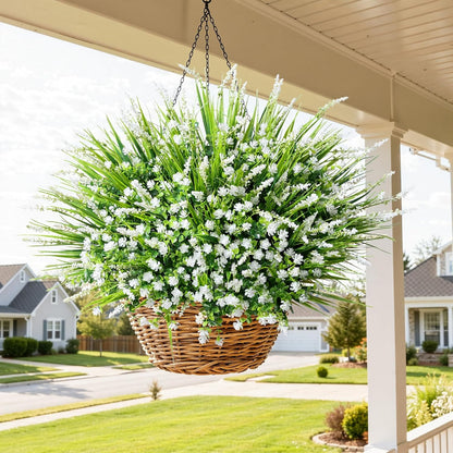 Artificial Fake Outdoor Plants Flowers for Spring Decoration, UV Resistant Realistic White Plastic Flowers Faux Plant Monkey Grass for Planter Home Garden Porch Patio Window Box