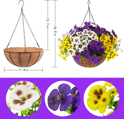 lovemoon 2 Sets Artificial Hanging Pansy Flowers with Baskets, 24 Pcs UV Resistant Faux Silk Pansy Outdoor Hanging Flower for Porch Patio Garden Home Spring Decor (2, White, Yellow, Purple)