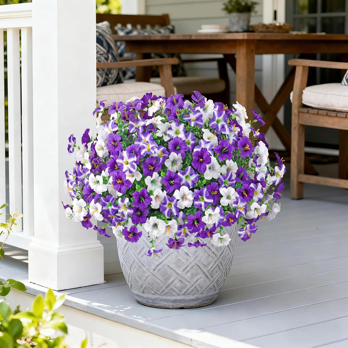 KHOYIME Artificial Flowers for Outdoor Decoration, 12PCS Faux White Purple Petunias Silk Flower UV Resistant Realistic Fake Plants for Outside Planter Garden Porch Yard Spring Summer Home Indoor Decor