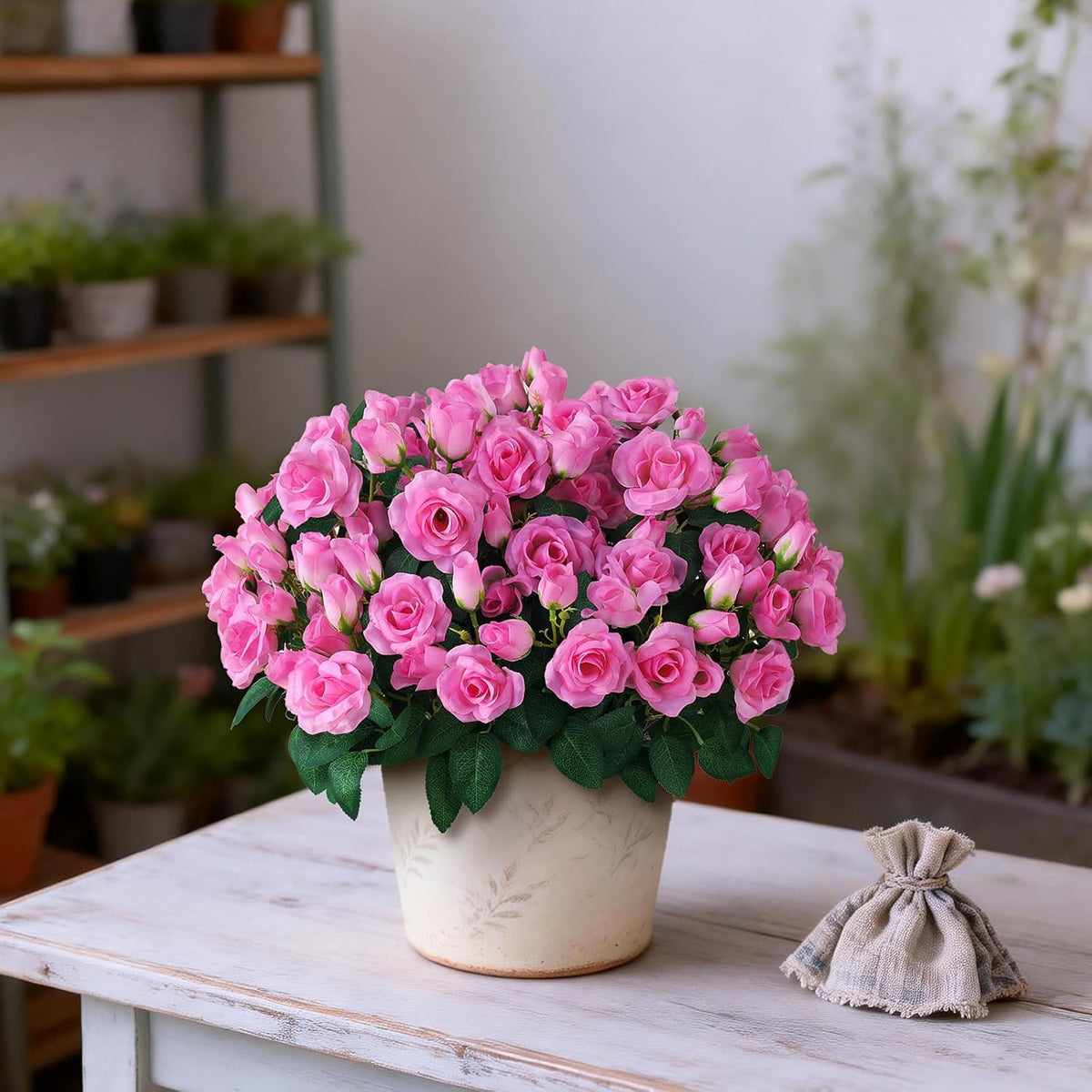 2 Set of Artificial Rose Topiary Trees - Faux Silk Flower Potted Plant, UV Resistant Fake Outdoor Rose Bush for Front Door, Farmhouse, Porch, Garden Decor (Pink)