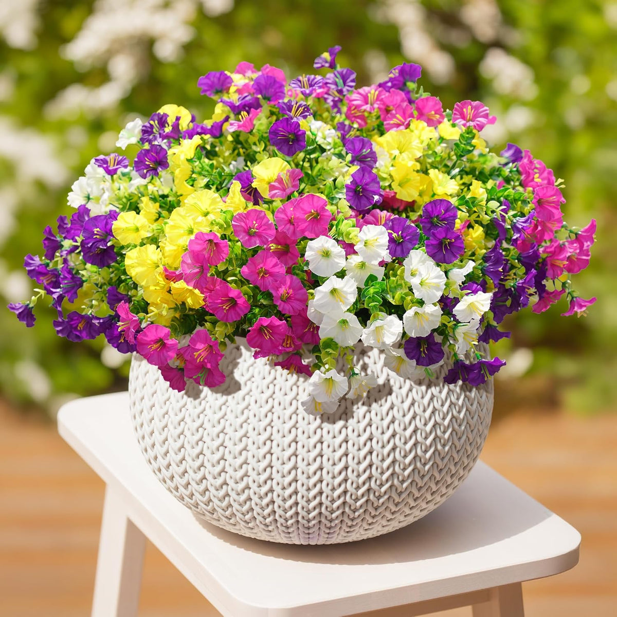 Artificial Flowers Fake Plants for Outdoors Decoration, 12 Bundles Silk Morning Glory with Eucalyptus Realistic UV Resistant Faux Flowers for Outside Planter Porch Yard Patio Garden Home Indoor, Mix