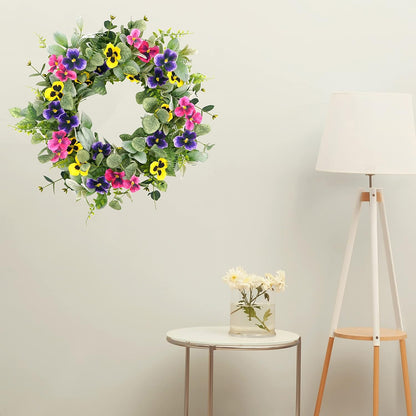 Artificial Spring Summer Wreath with Pansy Flowers, Flocked Lamb Ear Leaves, Eucalyptus Leaves, Fern Branches for Front Door Indoor Outdoor Farmhouse Wall Holiday Decor, White Gift Box Included