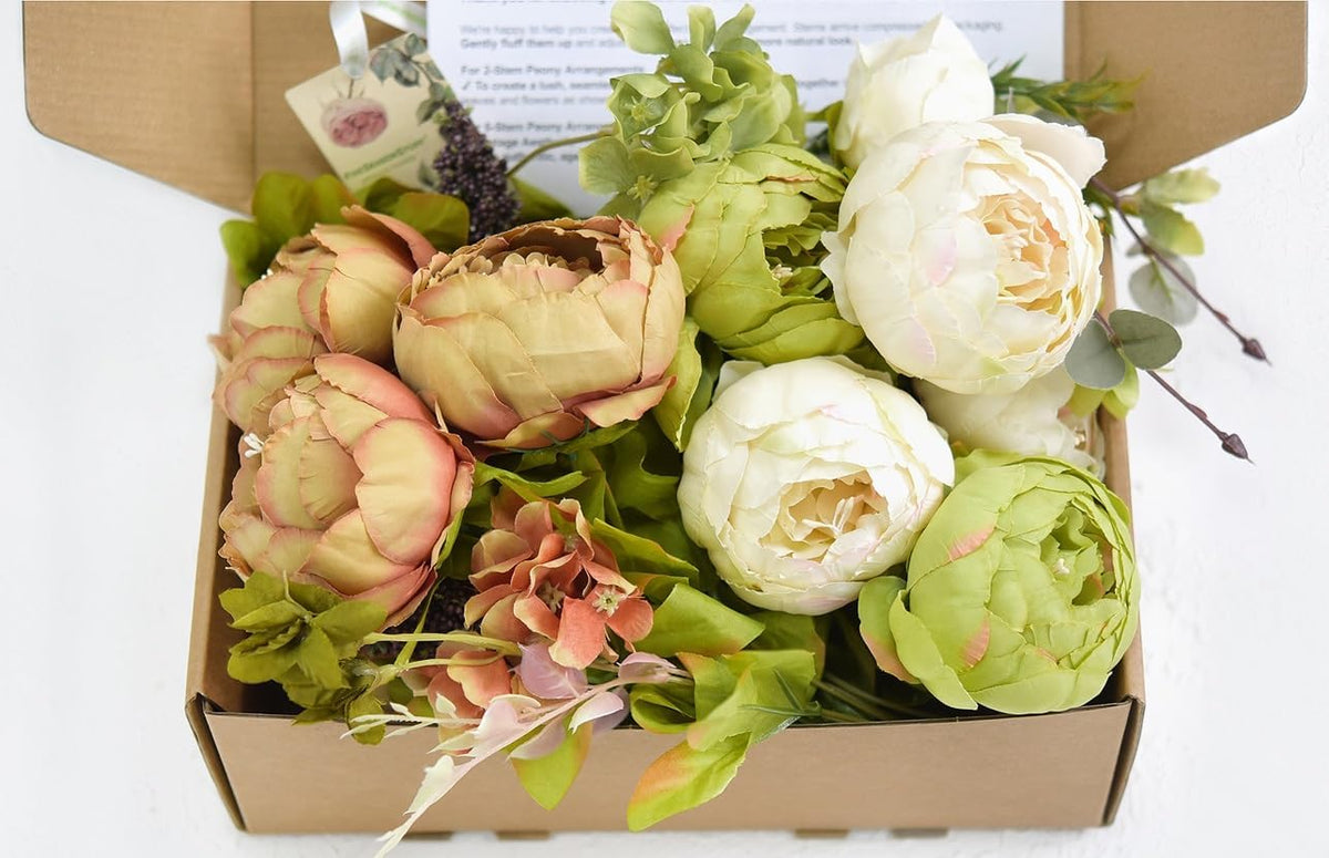 FiveSeasonStuff Rustic Brown, Beige & Green Artificial Peony Bouquets, 2 Silk Flower Bundles with Hydrangeas for Wedding & Dining Table Centerpieces, Living Room & Home Decor