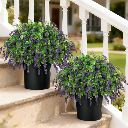 Artificial Eucalyptus & Lavender Topiary Ball Tree for Front Door - Set of 2 Topiary Trees with Pots, UV Resistant Faux Bushes Potted Plants for Porch Garden Farmhouse Outdoor Decoration