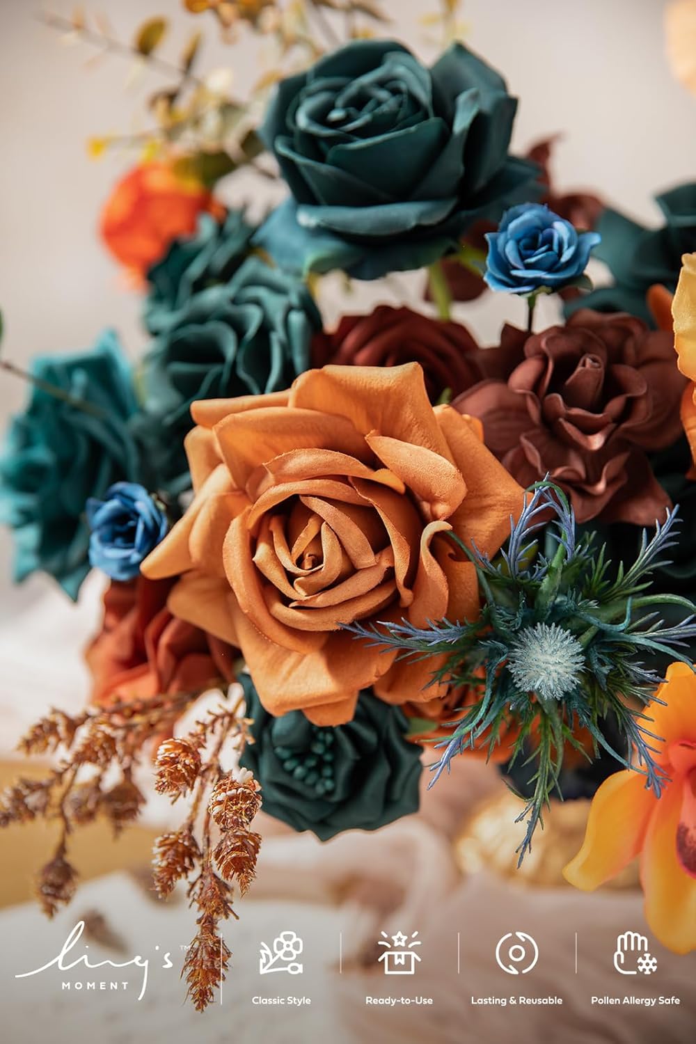 Ling's moment Fake Flowers Box, Faux Artificial Greenery Stems Foam Roses Gardenia Silk Poppy Fabic Flower for Centerpieces Bouquet Wedding Vase Decorations, Teal & Burnt Orange, Deluxe Combo