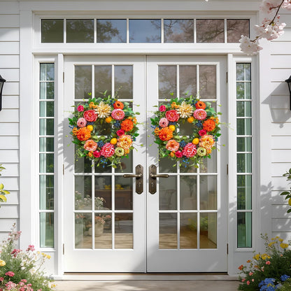 24 Inch Spring Wreath for Front Door - Peony, Dahlia, Hydrangea with Faux Lemons and Berries