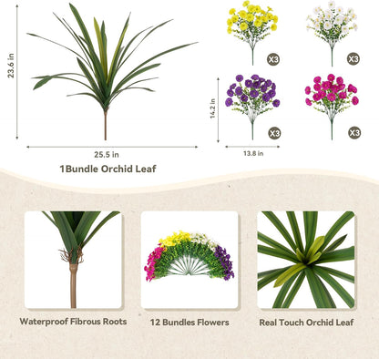 Artificial Flowers for Outdoors Fake Plants Outside, 12 Bundles Silk Morning Glory with Eucalyptus + Orchid Leaf UV Resistant Realistic Faux Flowers for Porch Planter Garden Patio (Mix Color)