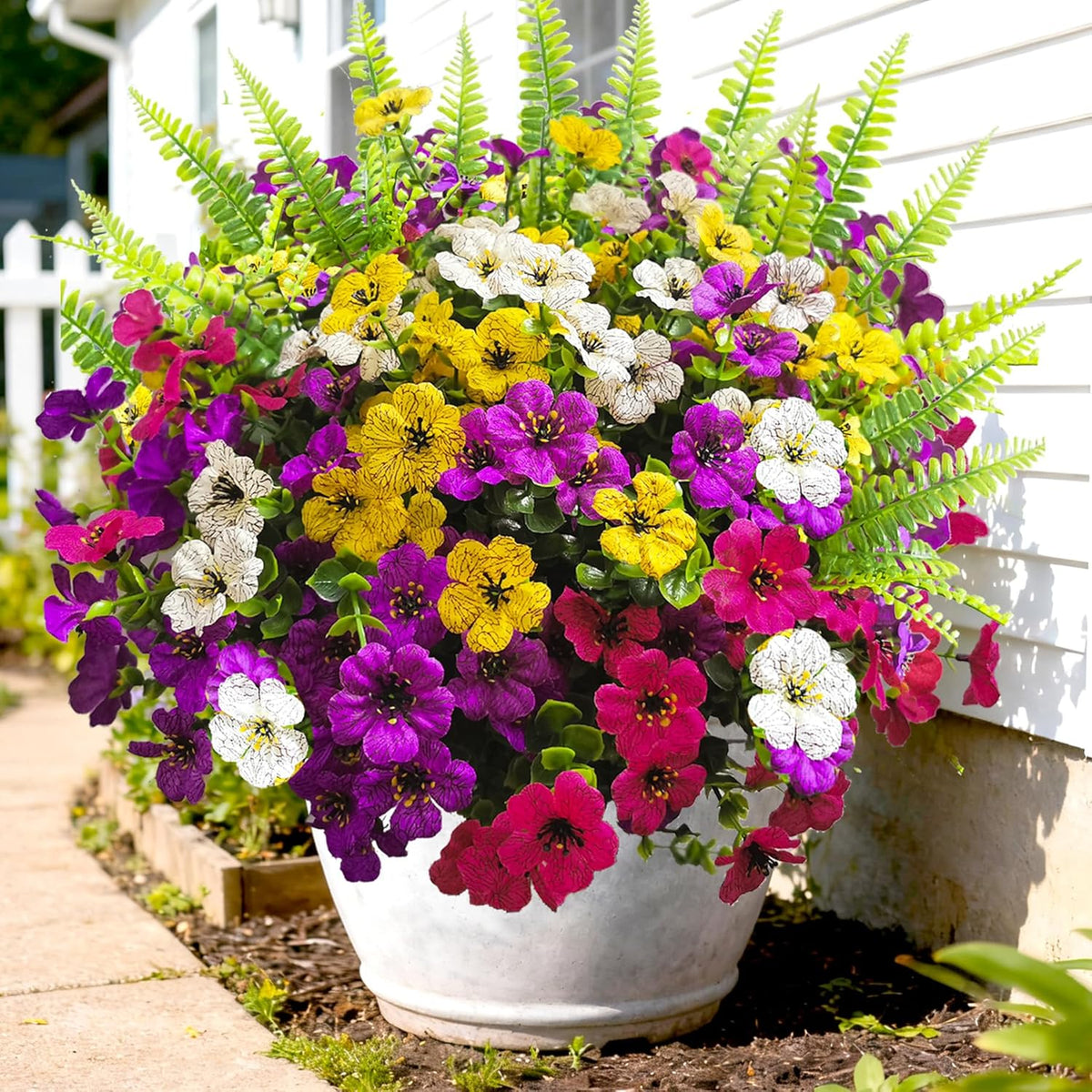 Artificial Fake Flowers for Outdoors, 16 Bundles Artificial Plants Outdoor Faux Plants UV Resistant, Realistic Faux Silk Flower 6 Colors Spring Summer Decor for Porch Outside Planter Window Box
