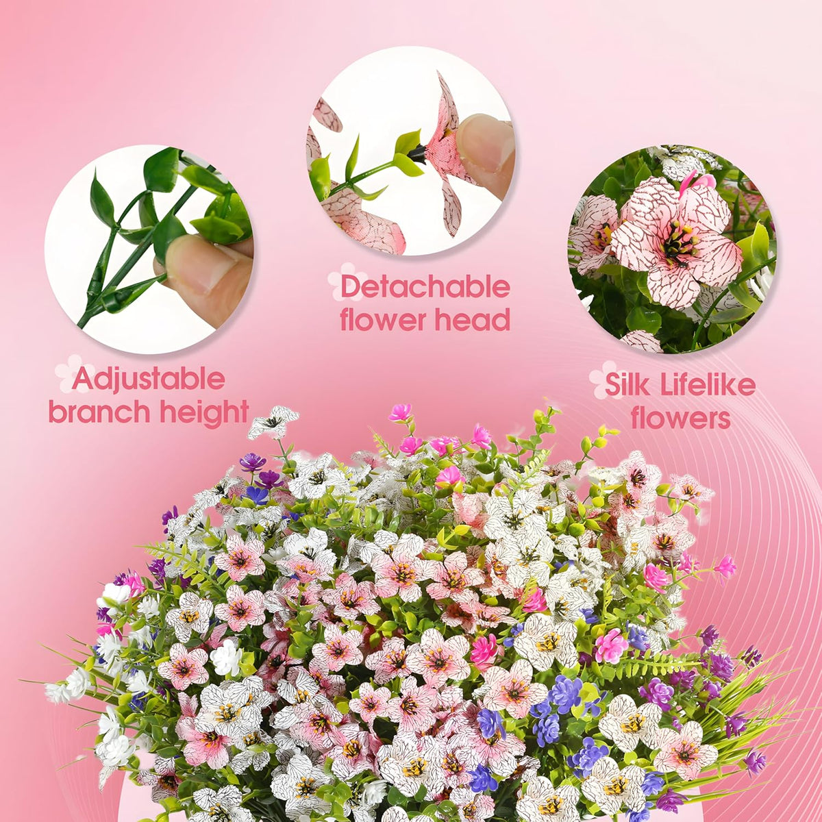 Fake Flowers for Outdoor UV Resistant 24 Pcs Pink Summer Artificial Flowers Outdoors, Realistic Faux Silk Flowers Fade Resistant, Fake Plants ＆ Flowers for Garden Porch Planters Window Patio Wedding