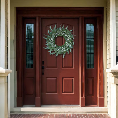 26" Eucalyptus and Babys Breath Flowers Wreath for Front Door - Large Artificial Greenery Outdoor Wreath for Porch, Window, Farmhouse, Home, Hanging Decor- Spring, Summer, All Seasons (Green-White)