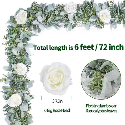 Miracliy 6 Ft Eucalyptus Garland with Flowers, Lambs Ear Greenery White Roses Flower Garland Fake Vines for Wedding Boho Table Mantle Backdrop Party Farmhouse Home Decor