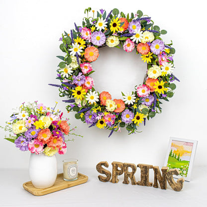 VioletEverGarden Spring Wreaths for Front Door 22 Inch Spring Wreath 6 Colors Summer Wreath with Lavender Daisy and Eucalyptus for Indoor Outdoor Holiday Celebration