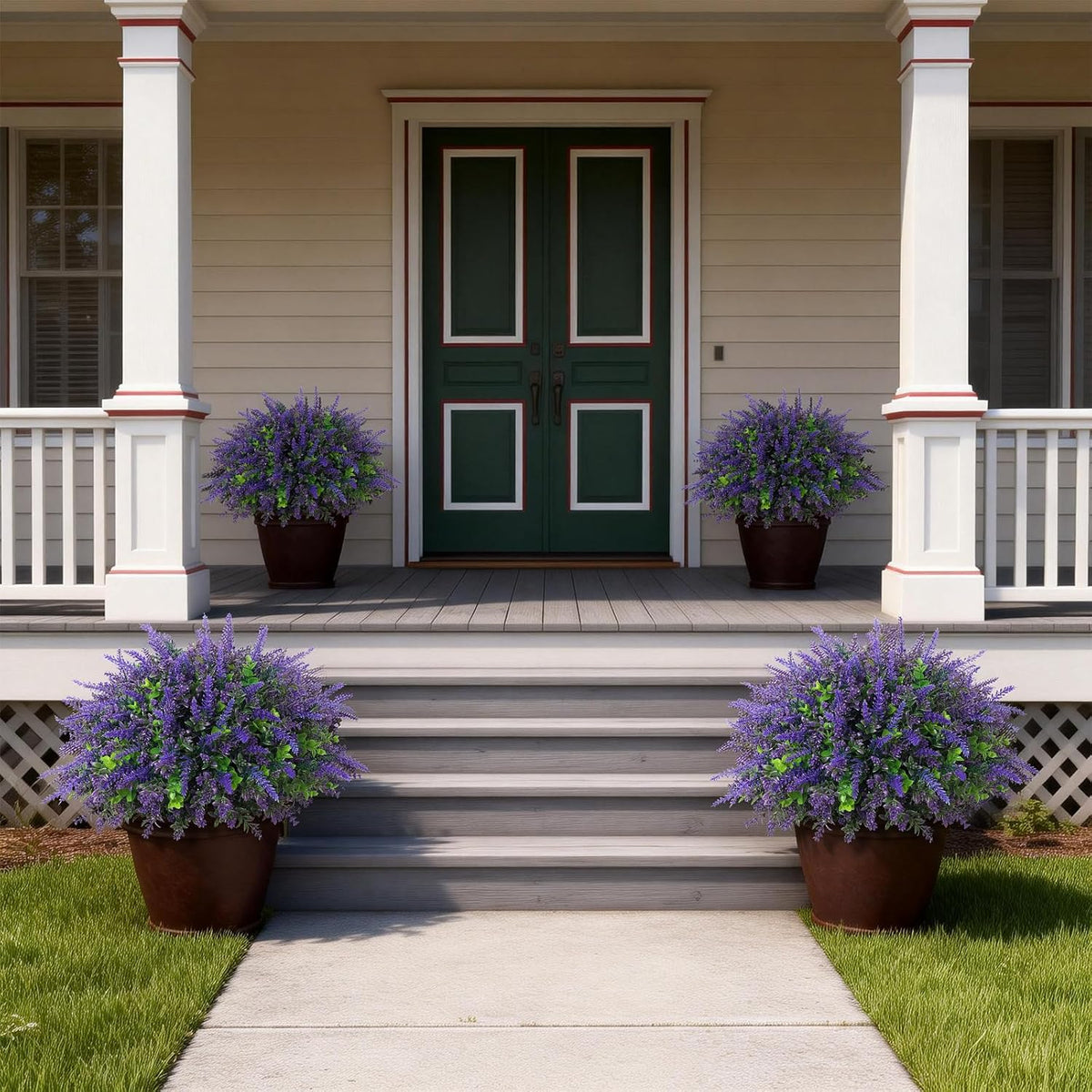 2 Sets Artificial Eucalyptus & Lavender Topiary Trees for Front Door - UV Resistant Potted Faux Plants