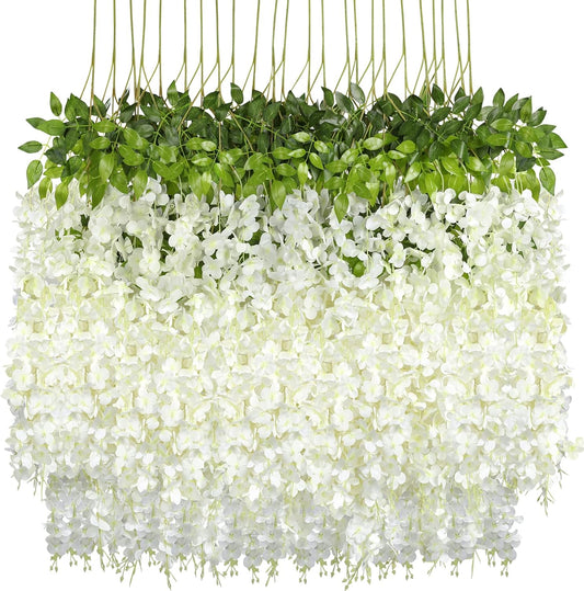 Pauwer Wisteria Hanging Flowers 24 Pack Fake Flower Garland Artificial Wisteria Vines Rattan Silk Flower String Wedding Party Wall Decorations, White