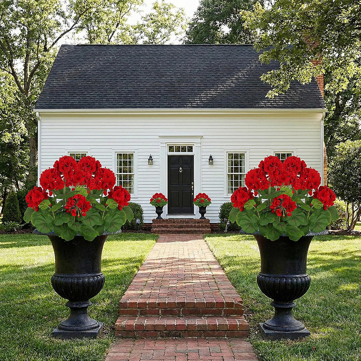 2 PCS 18" Artificial Geraniums for Outdoors, UV Resistant Red Silk Flowers for Window Box Porch Patio Garden Decor, Waterproof Ruby Red