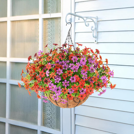 Artificial Hanging Flowers Basket for Outdoors - Faux Daisy Silk Flower Realistic, Colorful Fake Plastic Plants UV Resistant Summer Decor for Garden Front Porch Patio Balcony Yard