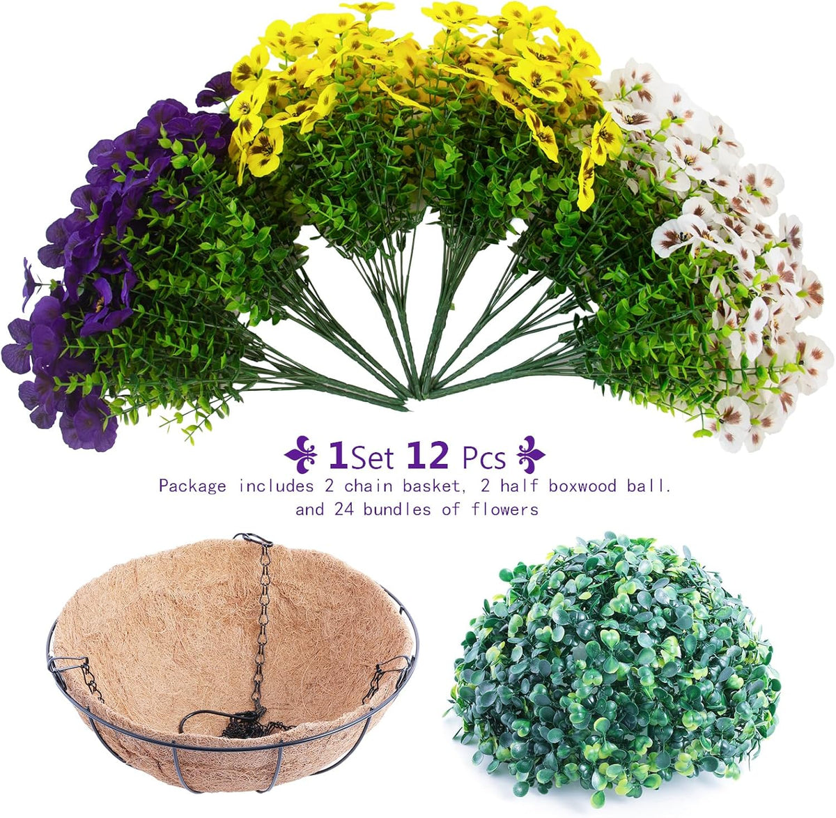 lovemoon 2 Sets Artificial Hanging Pansy Flowers with Baskets, 24 Pcs UV Resistant Faux Silk Pansy Outdoor Hanging Flower for Porch Patio Garden Home Spring Decor (2, White, Yellow, Purple)