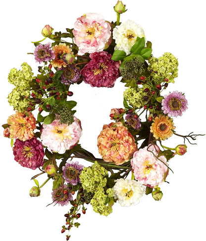 Nearly Natural 24in Artificial Peony Wreath Faux Floral Door Wreath for Indoor Home Entryway Wall Decor, Multicolor