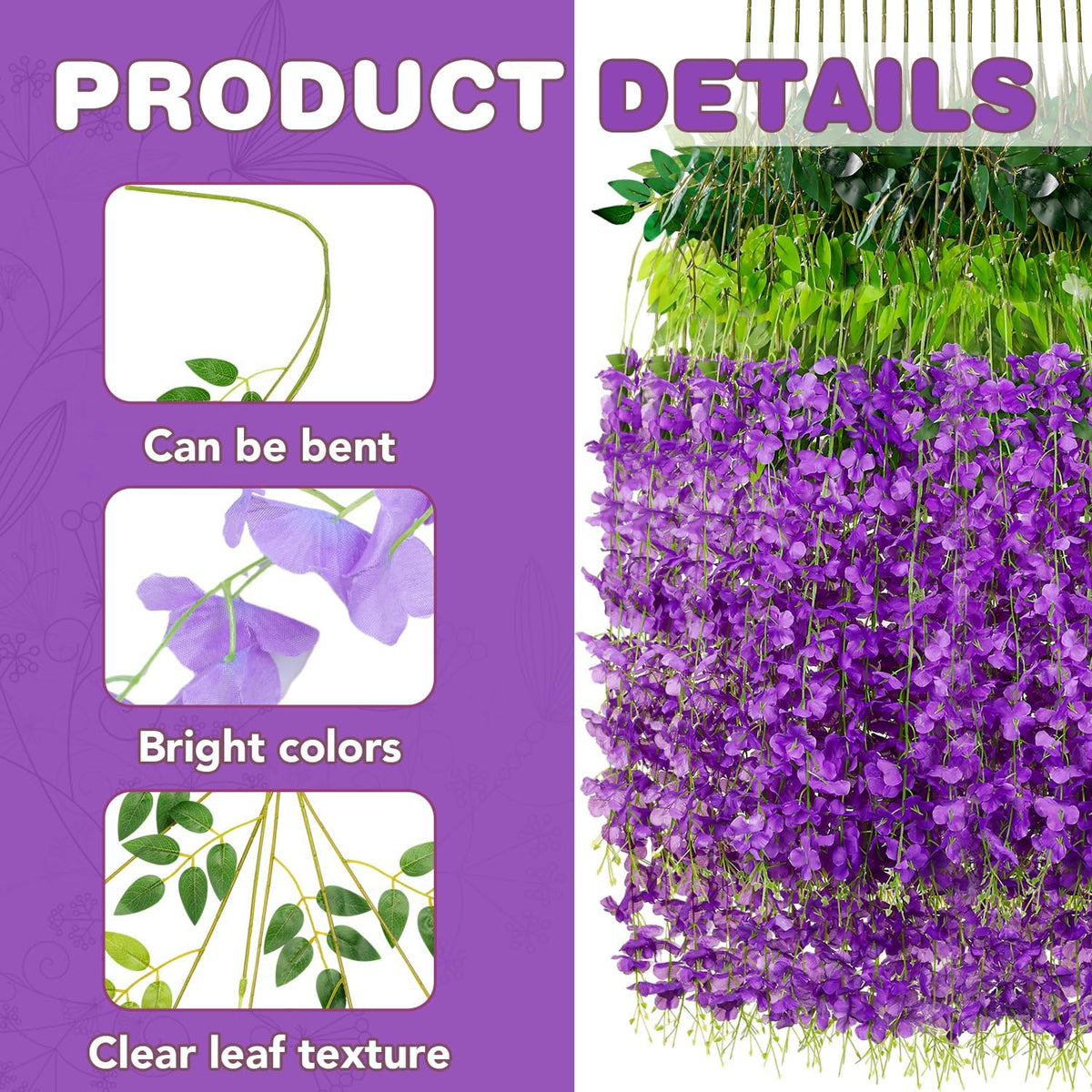 Wisteria Hanging Flowers, Fake Hanging Flowers, Wisteria artificiales Garland for Home Wedding Arch Floral Party Garden Ceremony Outdoor Decor, 3.6 feet Long (12, Purple)