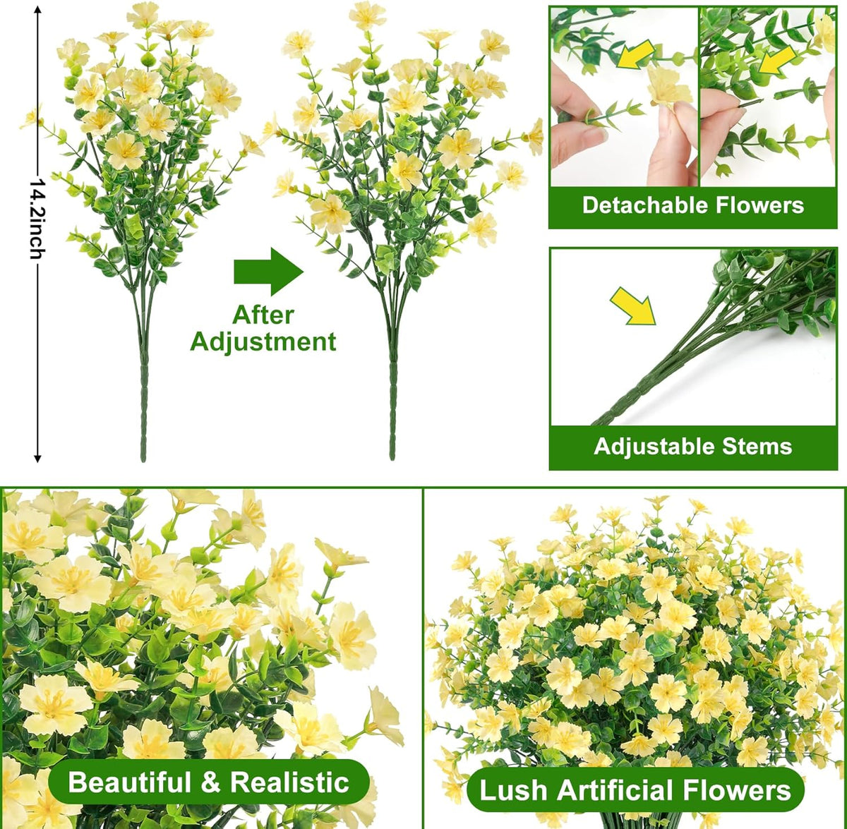 Ouddy Decor 24 Bundles Artificial Silk Flowers for Outdoors, Fake Plants Faux Greenery for Indoor and Outdoor Garden Porch Window Hanging Planter Office Table Home Decor, Yellow