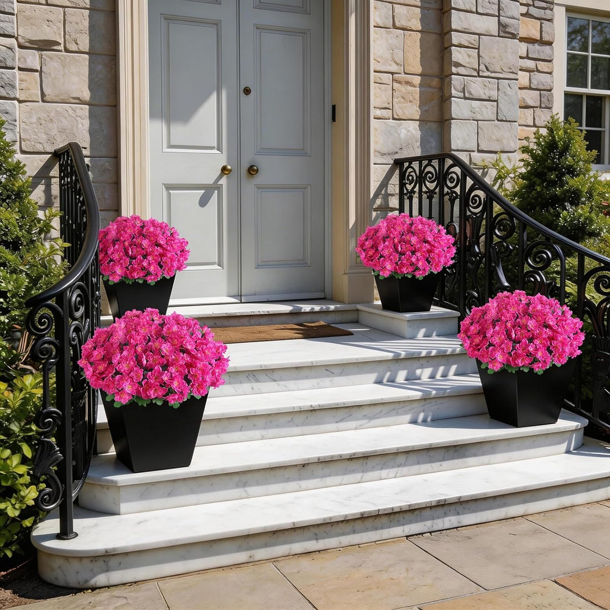 8 Bundles Artificial Flowers for Front Door, Fake Silk Azalea Bouquet Silk Flowers for Outside UV Resistant Realistic Faux Plants for Planter Farmhouse Patio Garden Walkways Home Decor (Rose Red)