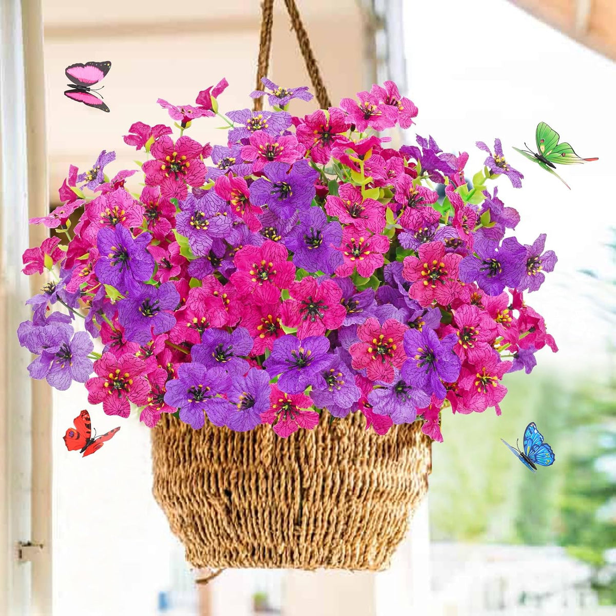 Yastouay 12 Bundles Artificial Flowers for Outdoors, UV Resistant Artificial Outdoor Flowers No Fade Fake Outdoor Flowers Plants for Garden Porch Window Box Pot Planters Decor (Fuchsia+Rose Red)