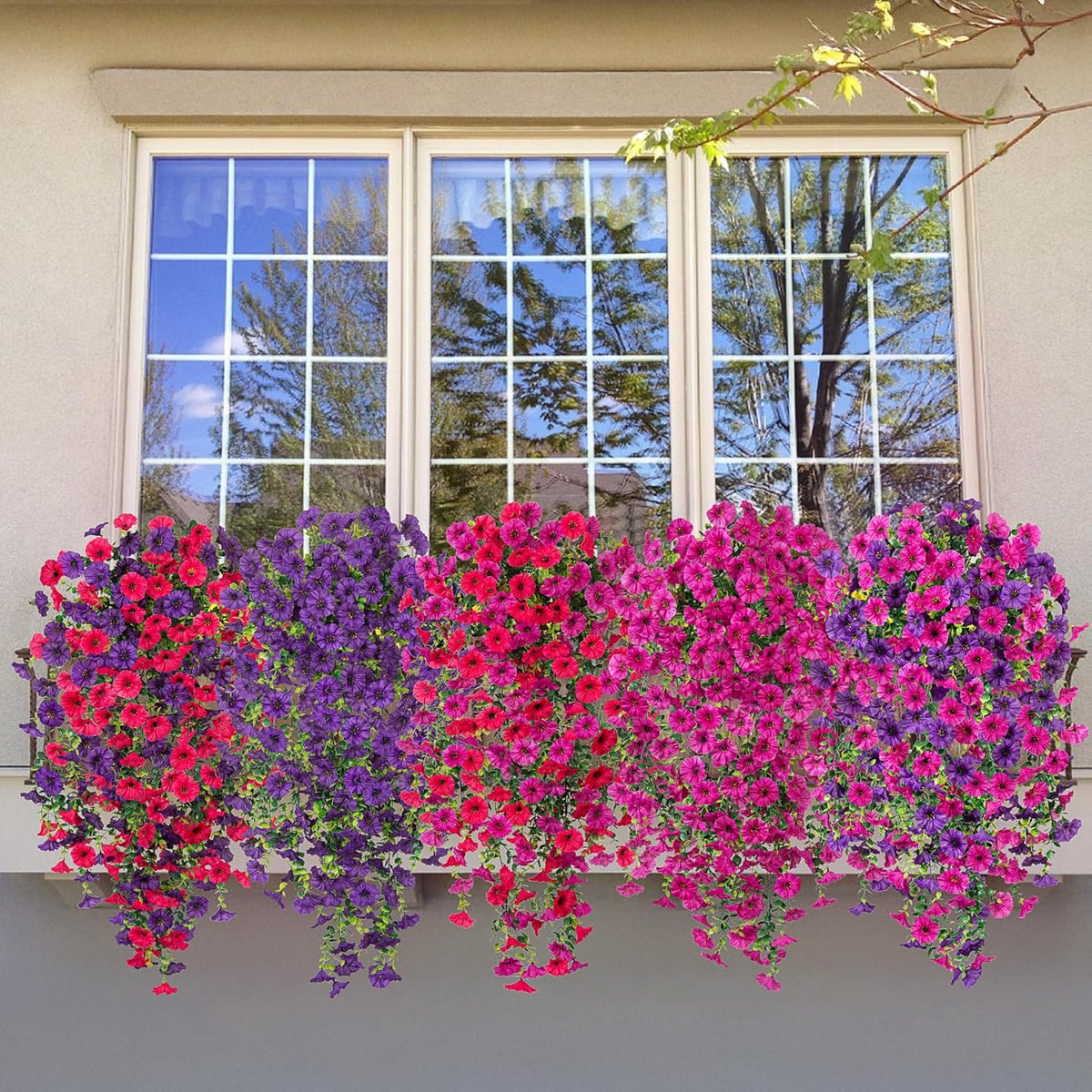 Artificial Hanging Petunia Flowers for Outdoor, 4 Pcs Fake Plants Long Vine Morning Glory Eucalyptus, UV Resistant Realistic Faux Greenery Indoor and Outdoor Patio Porch Garden Spring Summer Decor, Purple