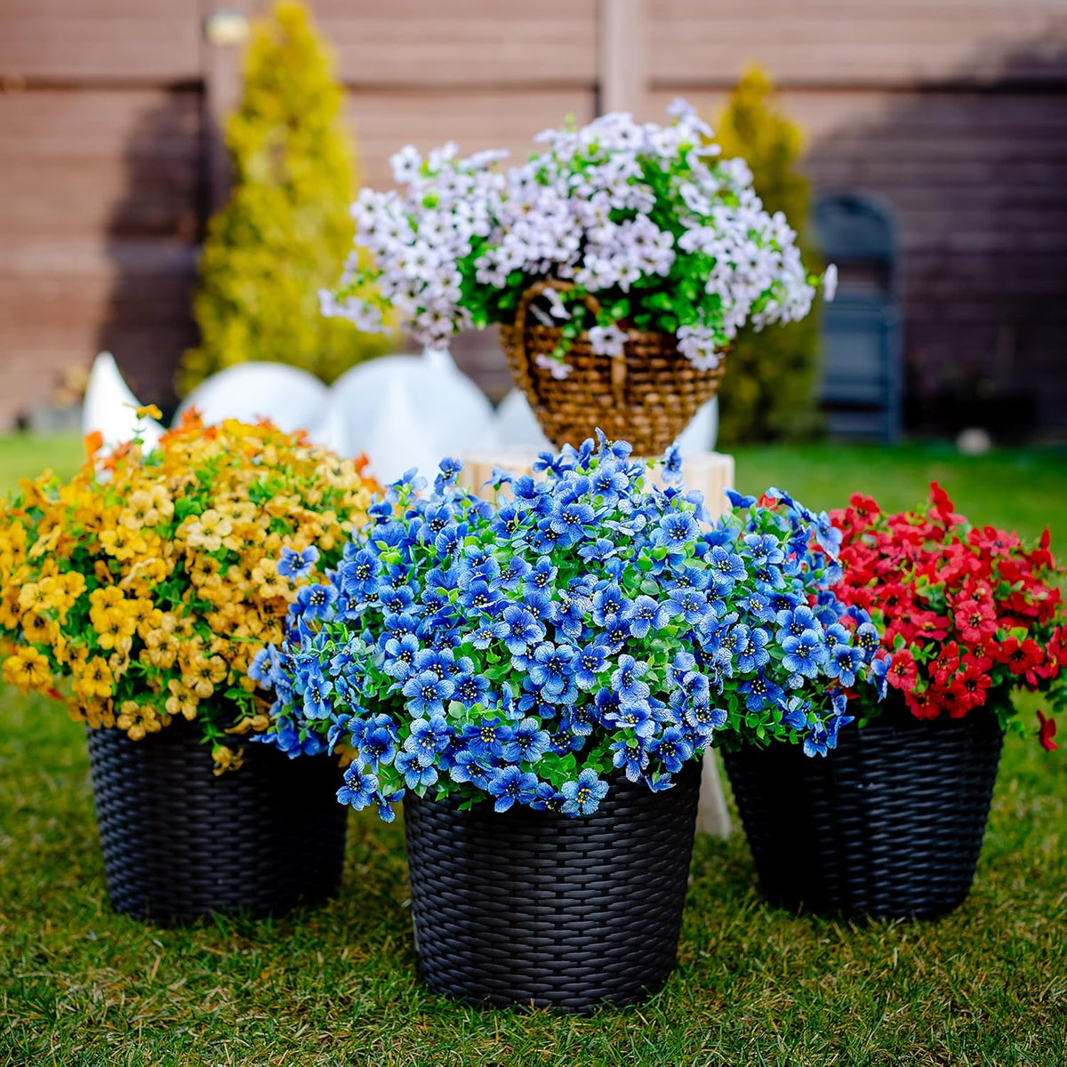 Artificial Flowers for Outdoors Fake Plants - 16 Bundles Faux Outside Greenery Boxwood No Fade Plastic Shrubs Fall Decor Farmhouse Home Garden (Blue)