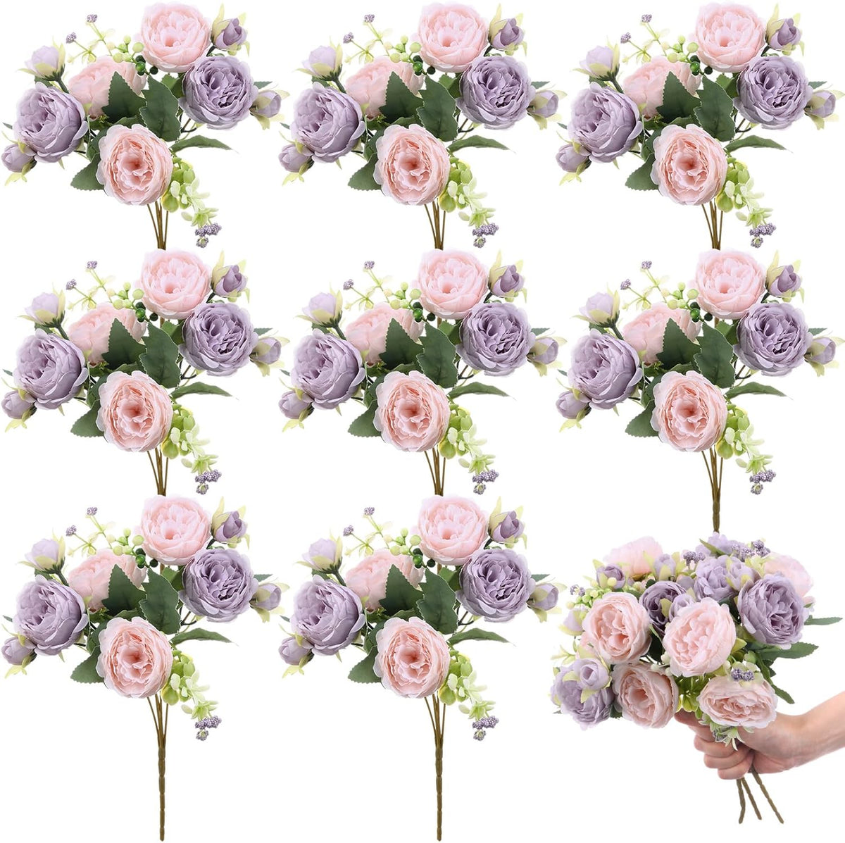 8 Bundles Artificial Peonies Flowers Boho Faux Flowers Arrangements Artificial Centerpiece Spring Bouquet Floral Wedding Decoration for Vase(Pink, Purple)