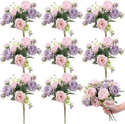 8 Bundles Artificial Peonies Flowers Boho Faux Flowers Arrangements Artificial Centerpiece Spring Bouquet Floral Wedding Decoration for Vase(Pink, Purple)