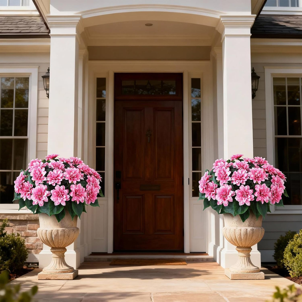 2 Set of Artificial Dahlia Topiary Ball Trees - Fake Silk Dahlia Flower Bushes, UV Resistant Faux Floral Shrub Potted for Front Door Porch Farmhouse Wedding Outdoor Decor (Pink)
