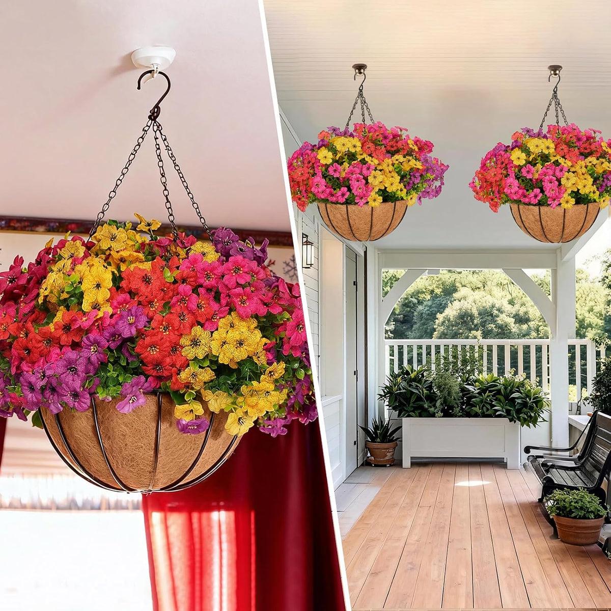 2 Set Artificial Hanging Flowers with Basket for Outdoor Spring Summer Decor - 24 Pcs Realistic UV-Resistant Silk Daisy Hanging Plants for Garden Porch Patio Balcony Decoration