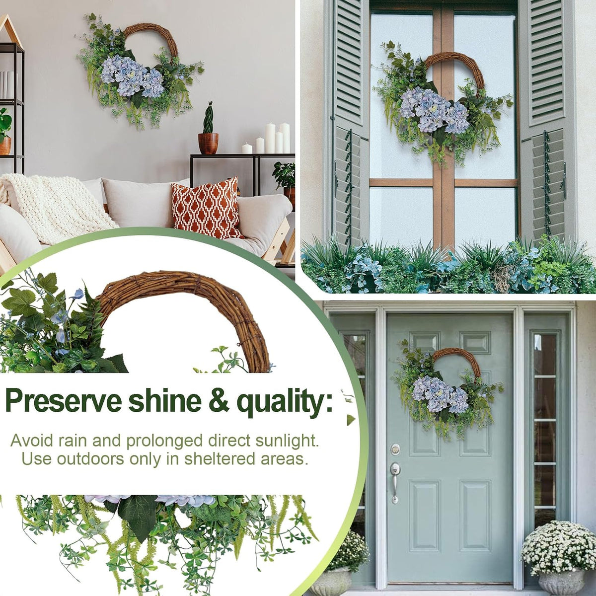 18 Inch Blue Faux Hydrangea Half Wreath, Spring Summer Year-Round Floral Wreaths Decor, Romantic Blooming Accent for Front Door, Porch, Living Room, Bedroom, Wall, Wedding Decorations