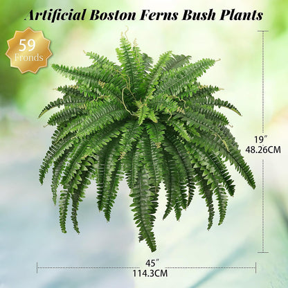 45" Fake Ferns, Realistic Large Artificial Bush Plants, 2 Artificial Boston Ferns with 59 Fronds for Outdoors Planter Indoor Home Garden Porch Decor