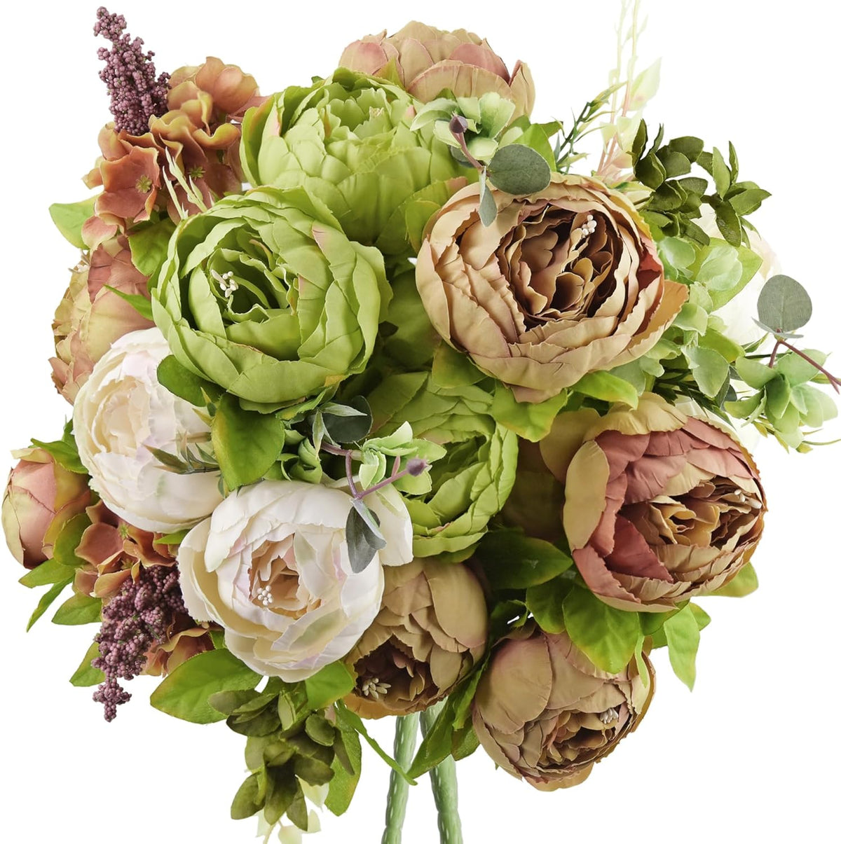 FiveSeasonStuff Rustic Brown, Beige & Green Artificial Peony Bouquets, 2 Silk Flower Bundles with Hydrangeas for Wedding & Dining Table Centerpieces, Living Room & Home Decor