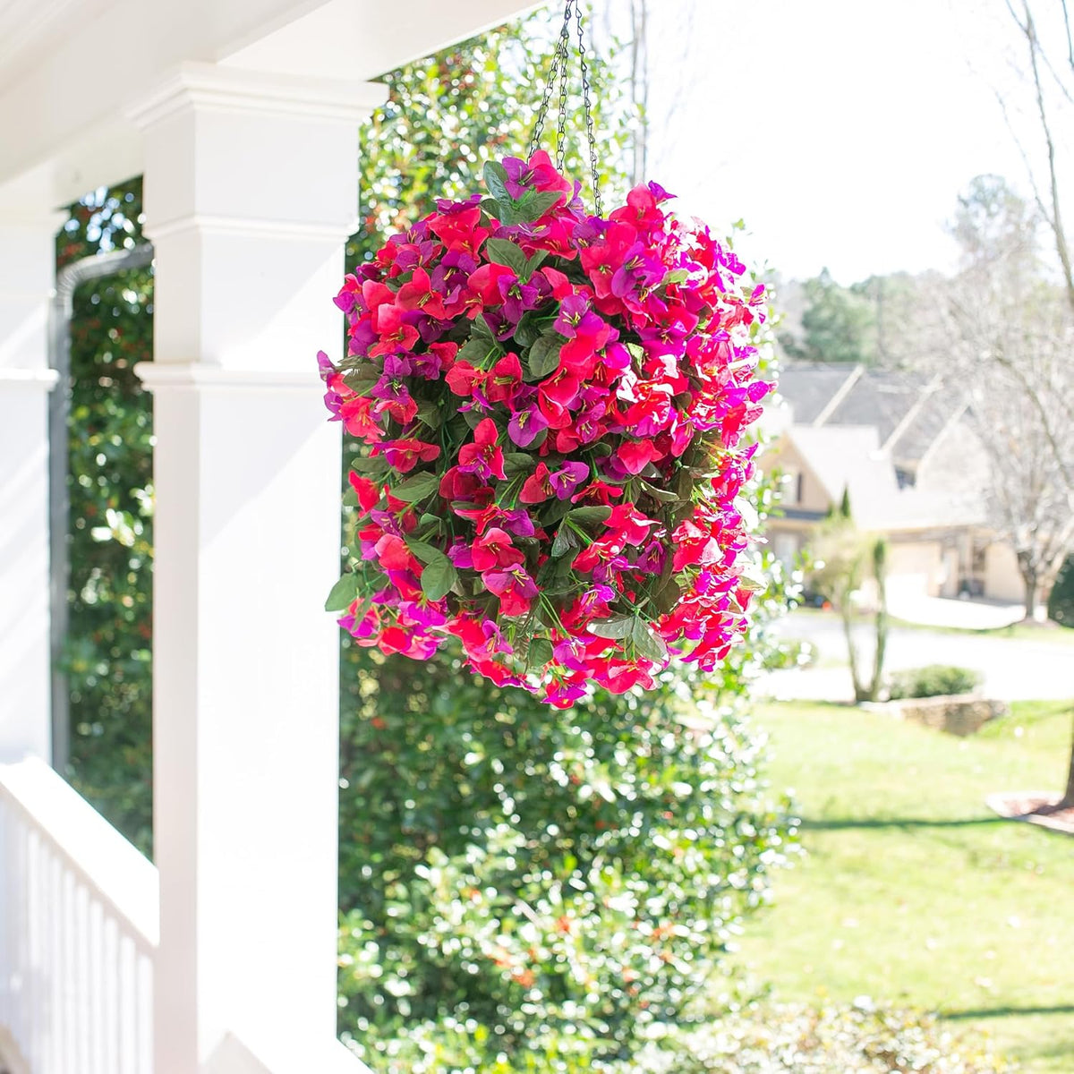 Artificial Bougainvillea Faux Flowers Plants Baskets for Outdoor Outside Decoration, 3PCS Fake Silk Flowers Long Trailing Vines UV Resistant Realistic for Front Door Porch Patio (PurpleHotpink)